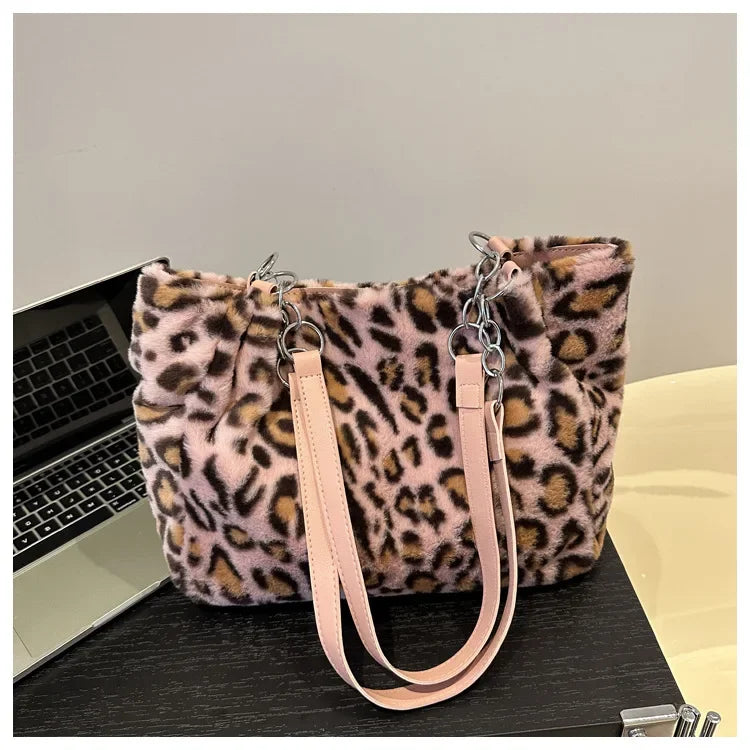 Winter Fashion Leopard Print Plush Women's Bags | Versatile Casual Trendy Premium Texture Large Capacity Shoulder Handbag