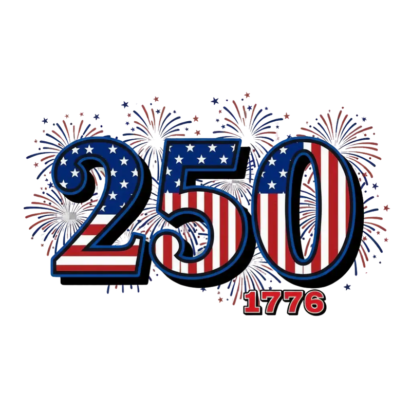 250th Anniversary of America 1776 Collection graphic featuring fireworks and patriotic red, white, and blue colors.