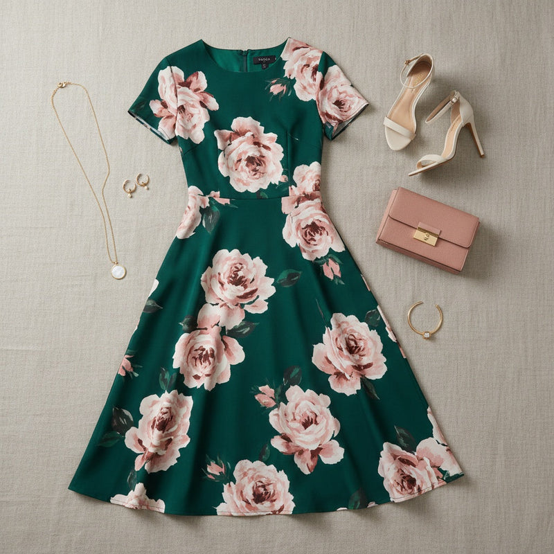 Womens midi dresses featuring a floral design on a green background, perfect for any occasion.