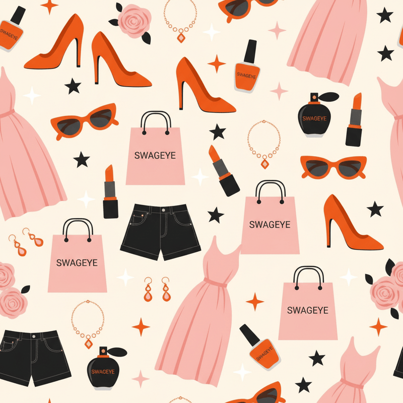 Swageye latest fashion trends pattern featuring dresses, accessories, shoes, and beauty products for women.