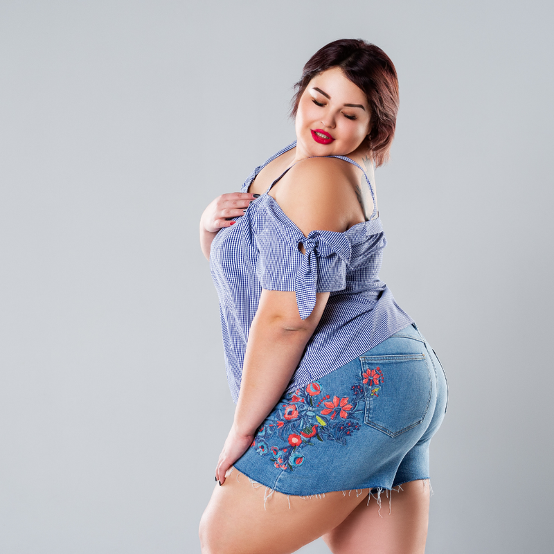 Plus size shorts for women showcasing stylish denim with floral embroidery, perfect for summer looks.