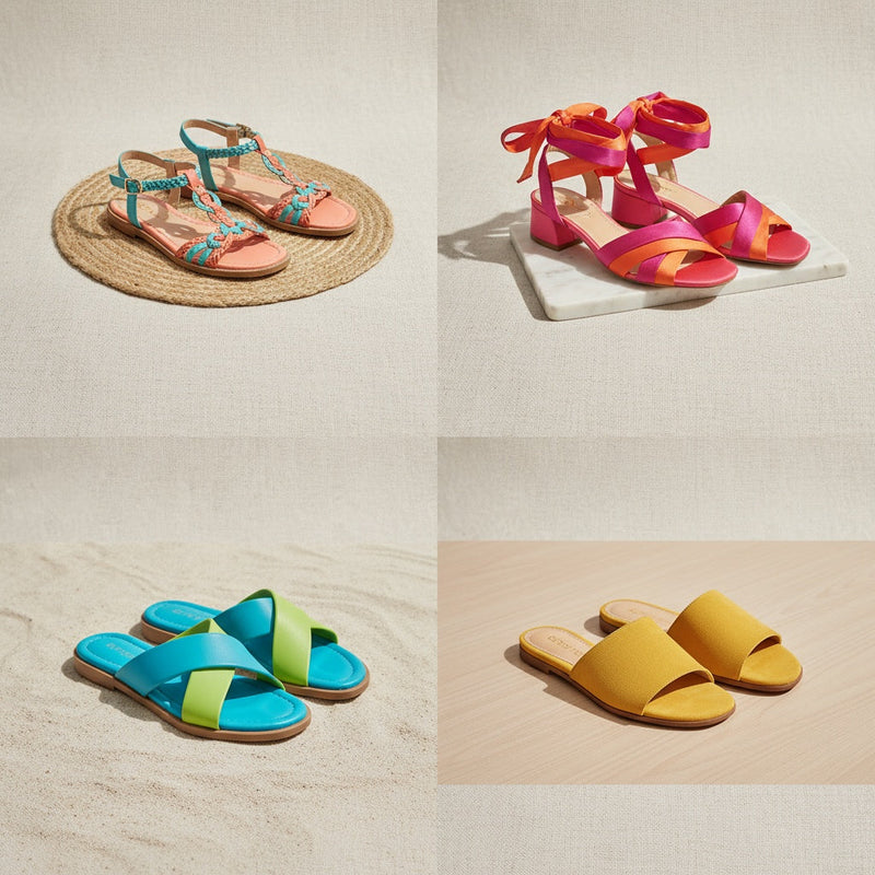 Women’s comfortable sandals collection featuring colorful flat and heeled sandals and stylish slides for summer.