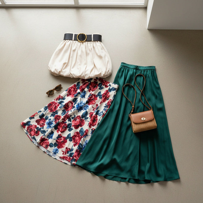 Floral and solid green skirts with a stylish belt and handbag from the women's skirts collection.