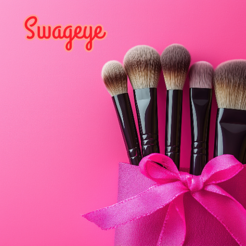 Swageye makeup tools and accessories displayed in a stylish wrap with pink ribbon for beauty enthusiasts.