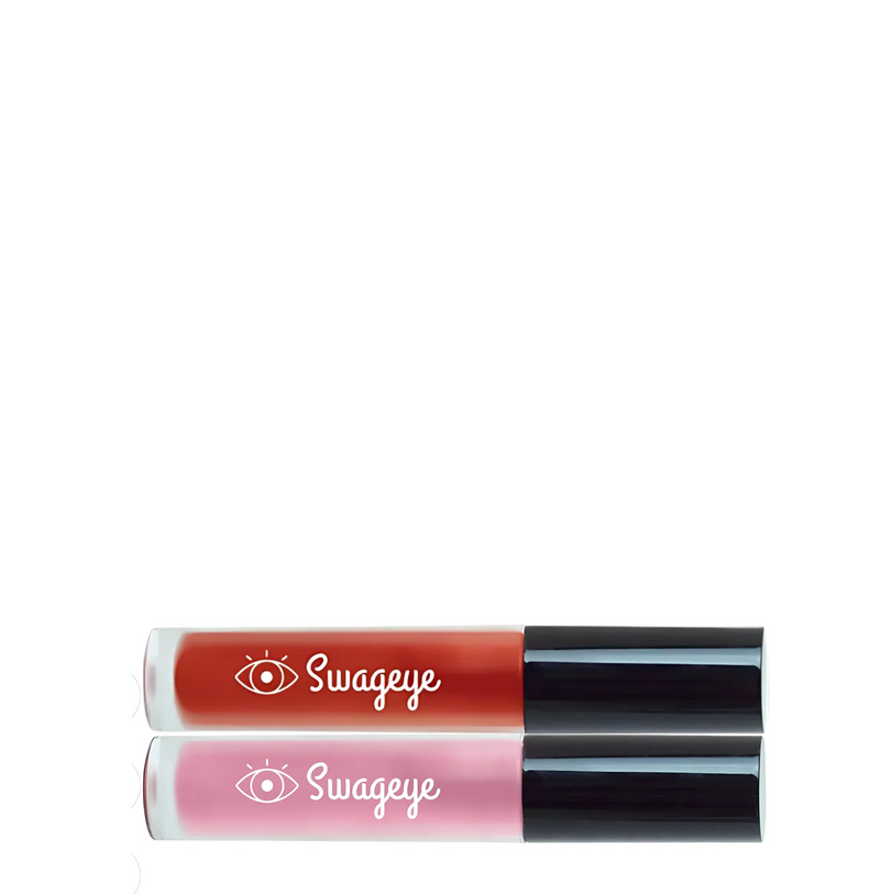Two lip gloss tubes from Swageye showcasing hydrating lip oils and lip gloss.