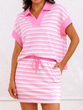 Casual skirt and top set featuring a pink and white striped polo and matching stretchy skirt for stylish comfort.