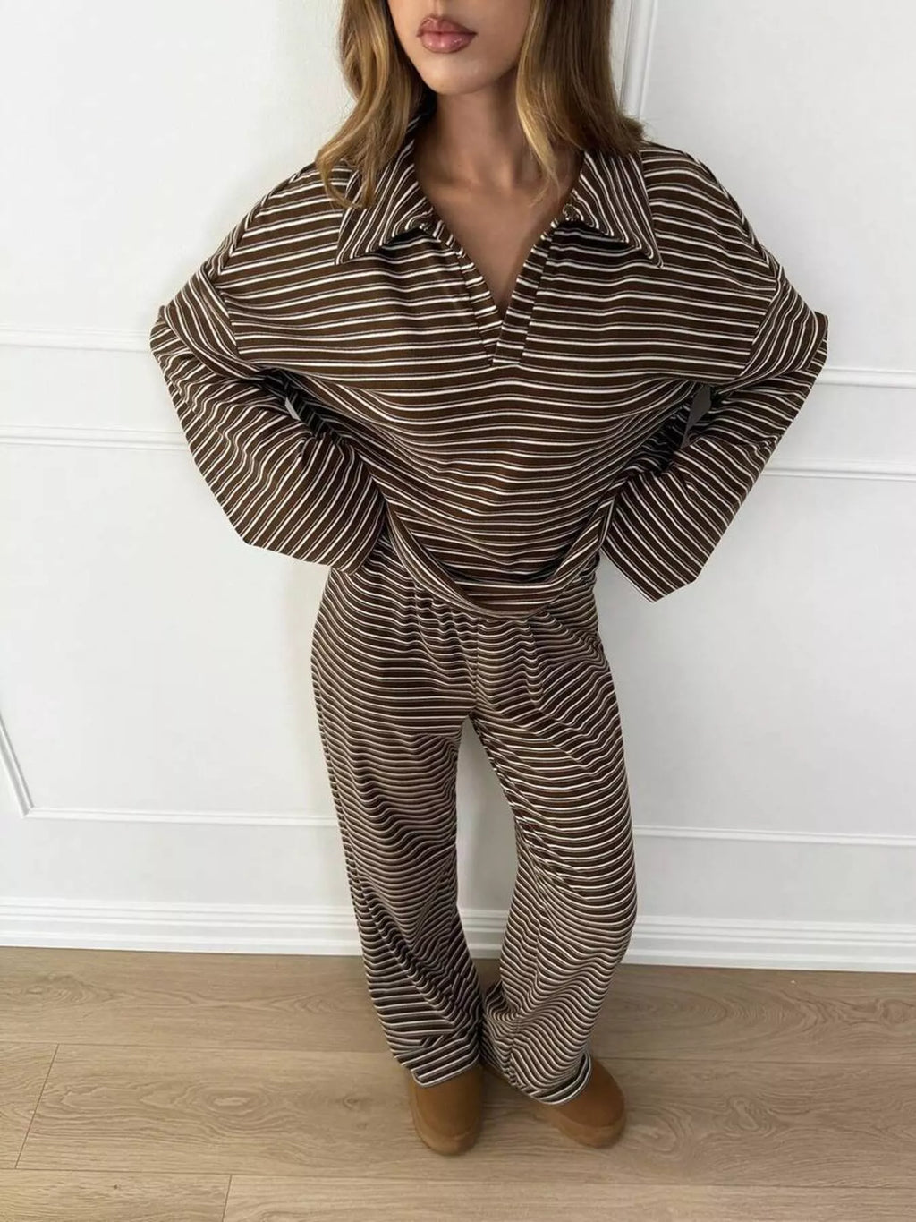 Casual Striped Polo Collar Long Sleeve Top and Wide-Leg Pants Set showcasing a stylish and comfortable outfit.