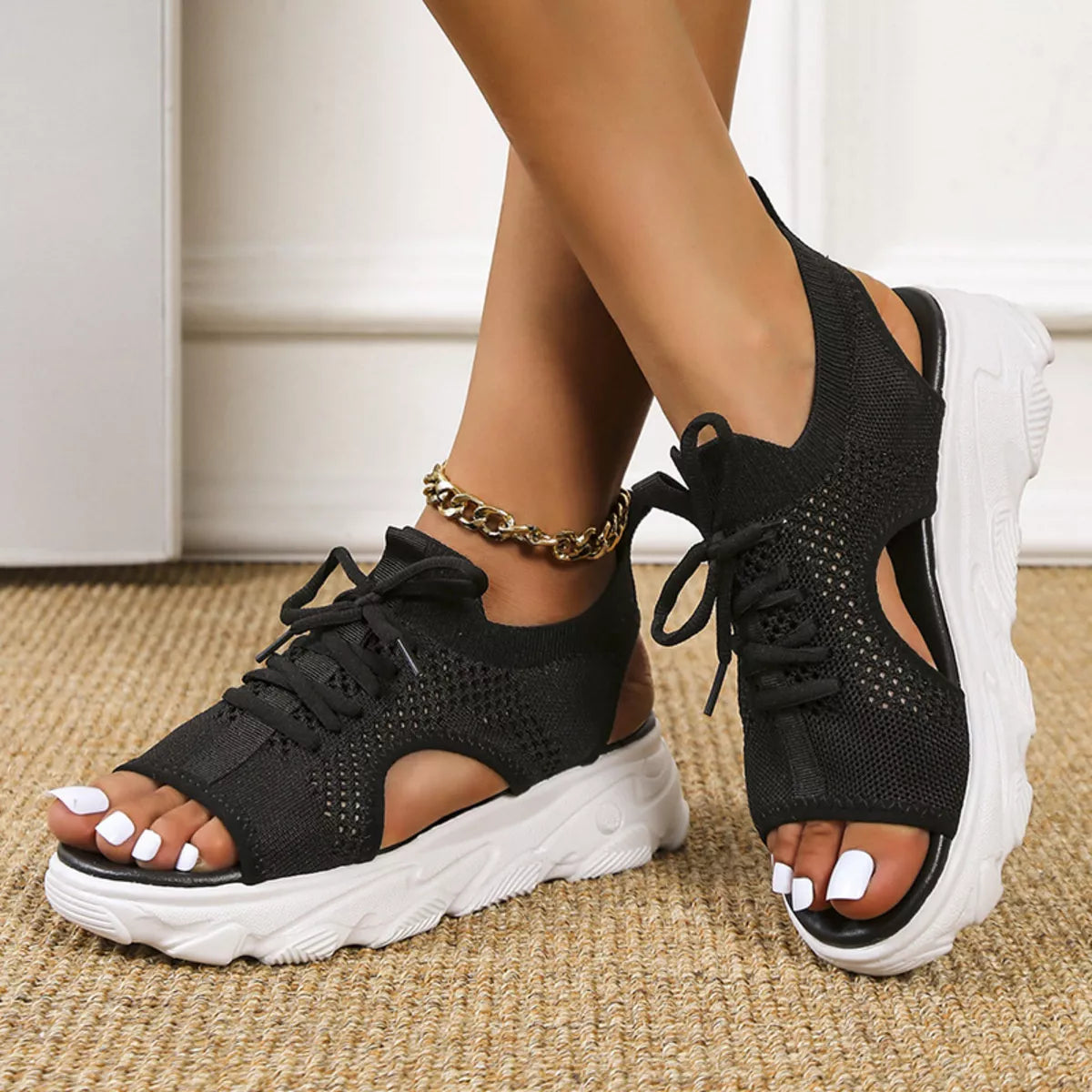 Women's Platform Sandals - Breathable Mesh style with mid heels in black, perfect for summer adventures.