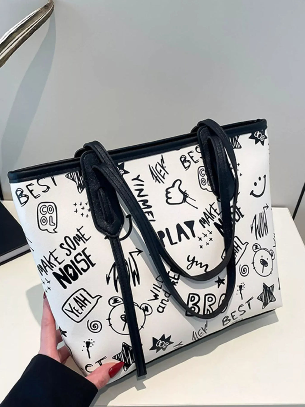 Graffiti Print Tote Bag – Large Canvas Shoulder Bag for Women with unique street art-inspired graphics.