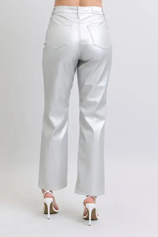 Plus size high waist faux leather pants in silver with a stylish back view, perfect for adding flair to any outfit.