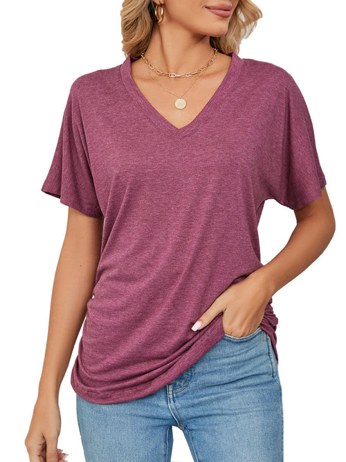 Casual V-Neck Short Sleeve T-Shirt in burgundy worn by a model, perfect for relaxed days and casual outings.