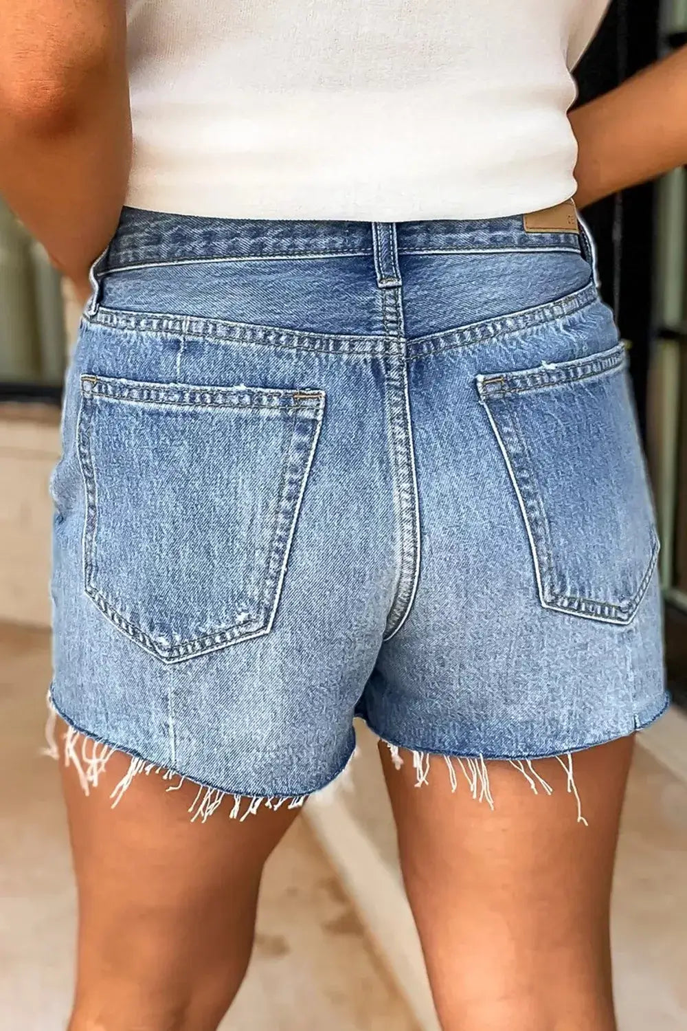 High Waisted Denim Shorts Frayed Hem Back View