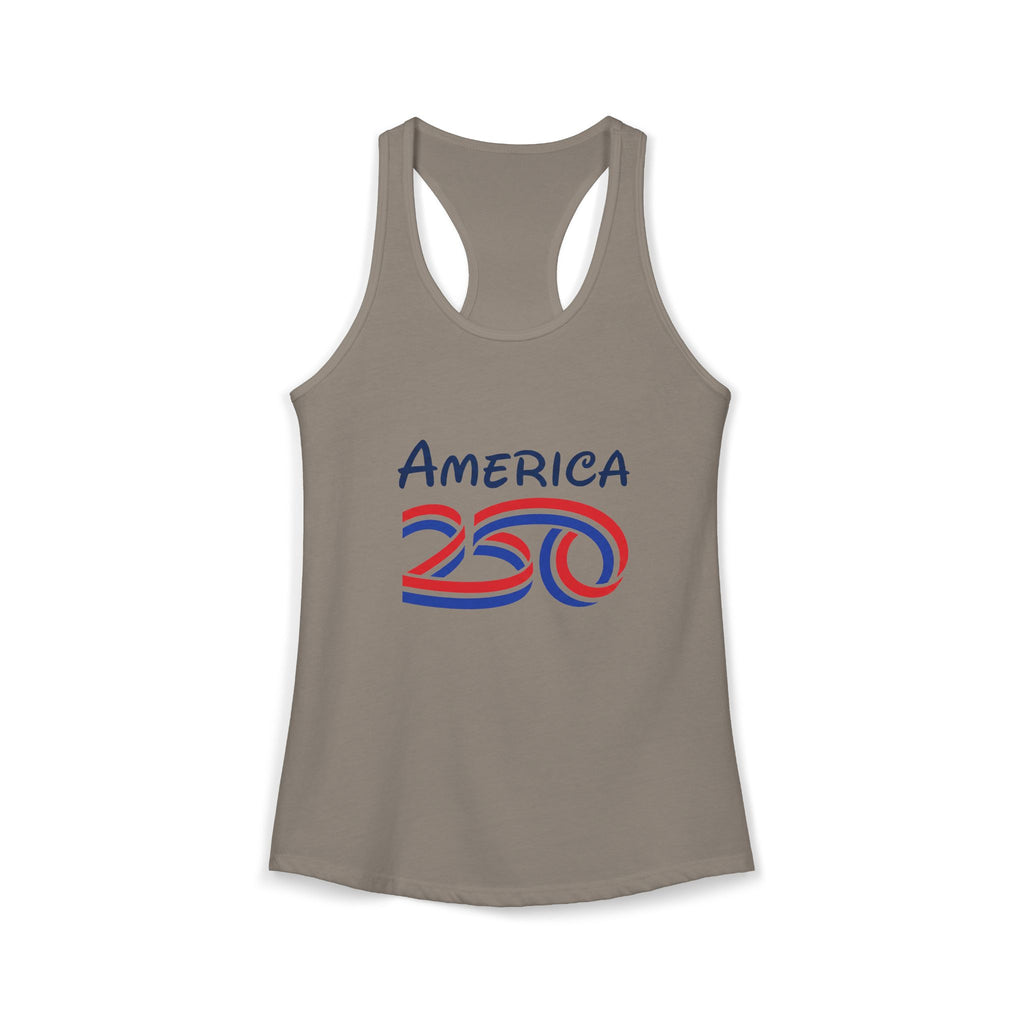 America 250 anniversary women's tank top featuring a racerback design and vibrant graphic in red and blue.