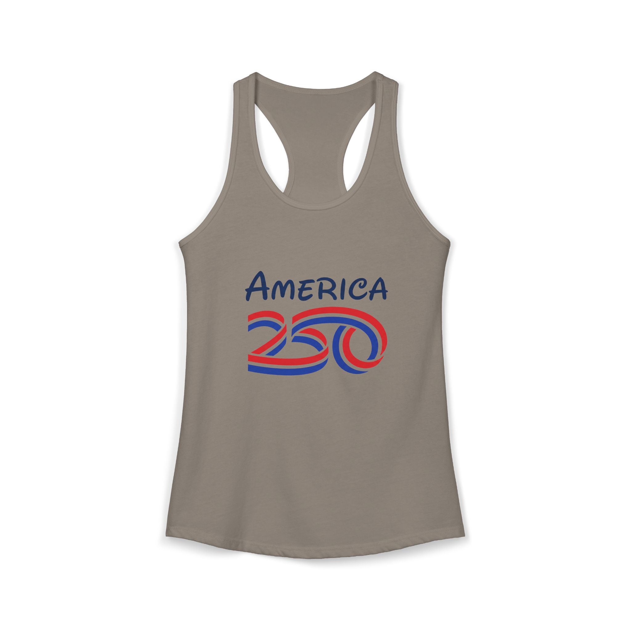 America 250 anniversary women's tank top featuring a racerback design and vibrant graphic in red and blue.