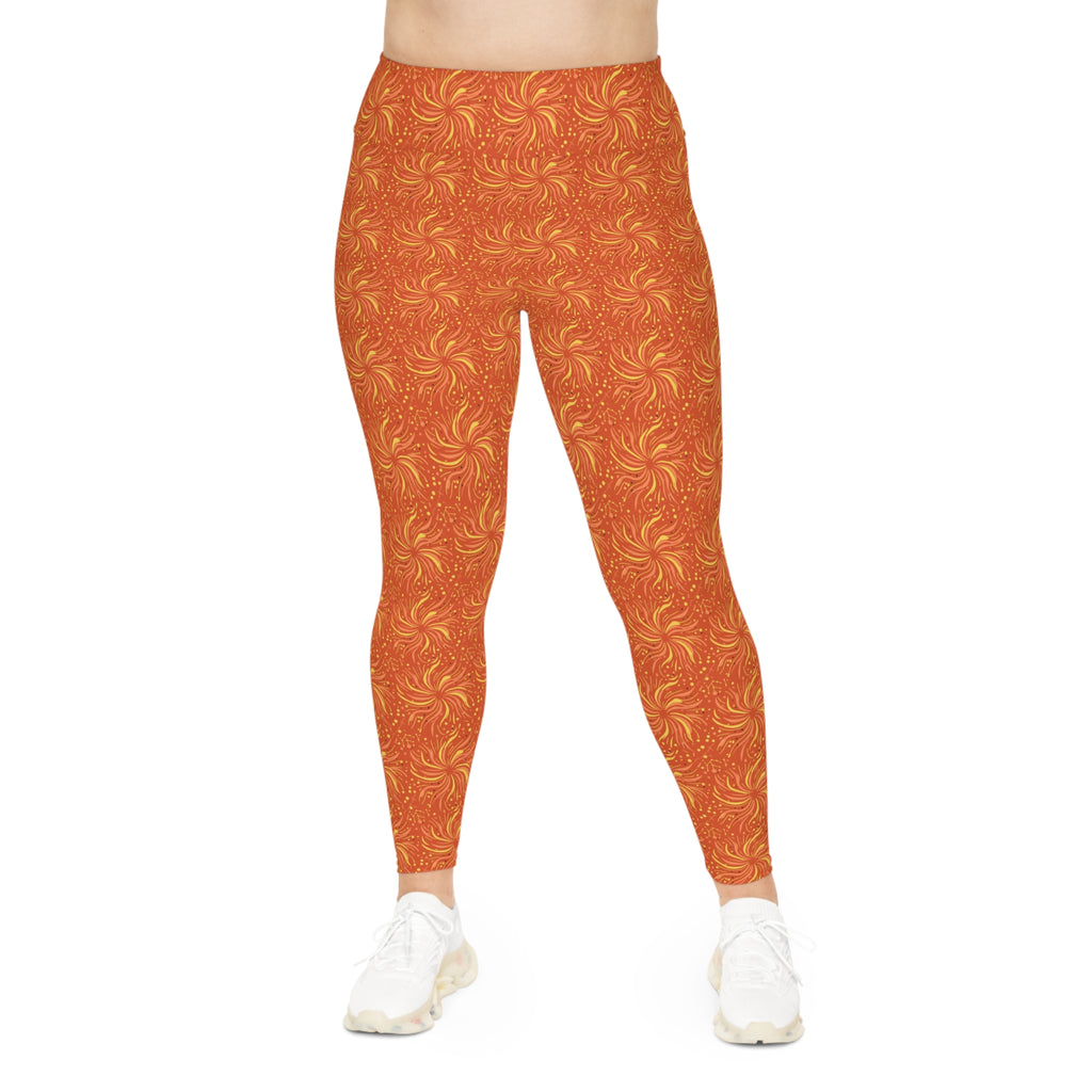 Swageye Sun-Kissed Leo Constellation Leggings - Exclusive Plus Size in sunset-orange with sunburst pattern