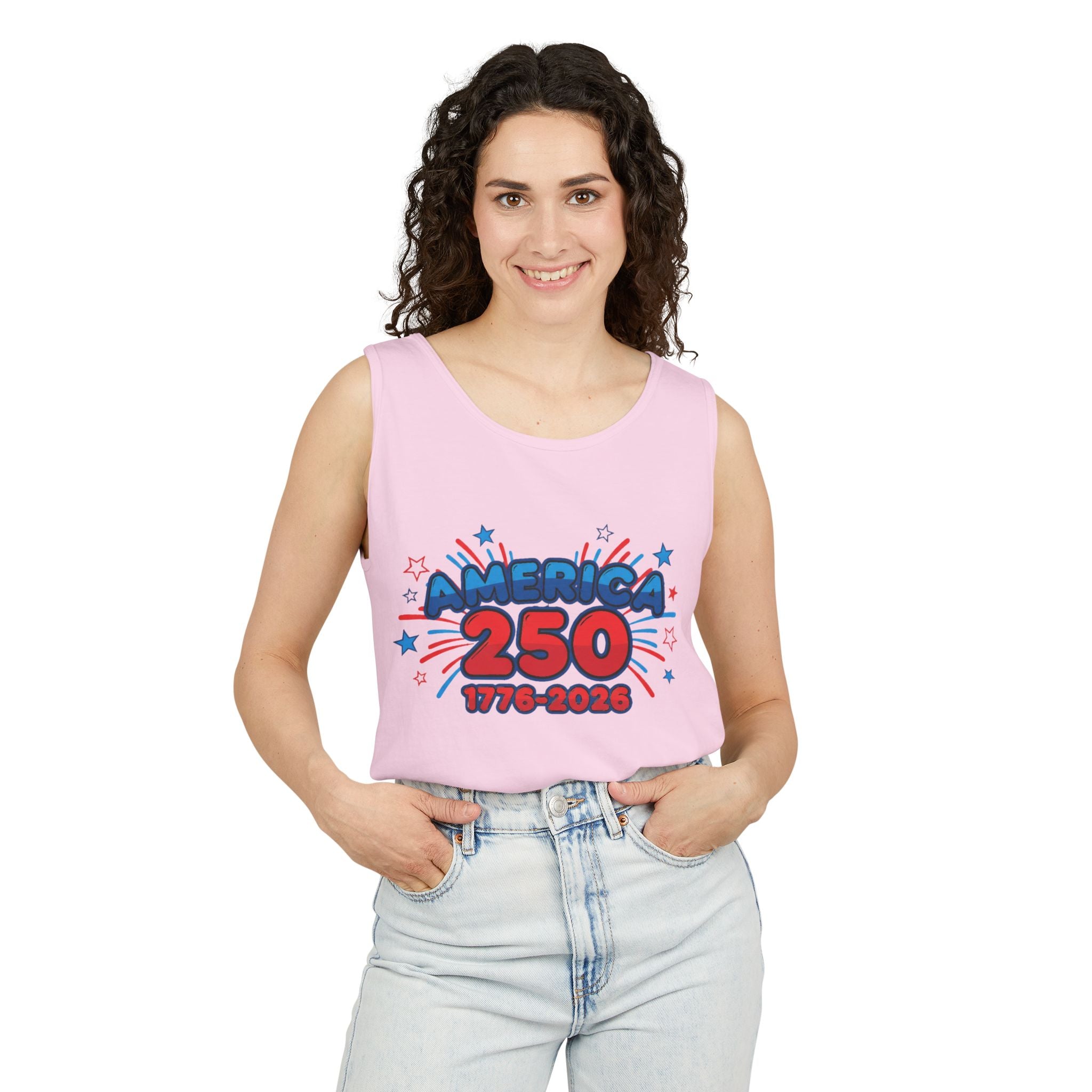 250th Anniversary Apparel — 1776–2026 Patriotic Tank Top in pink with a bold graphic
