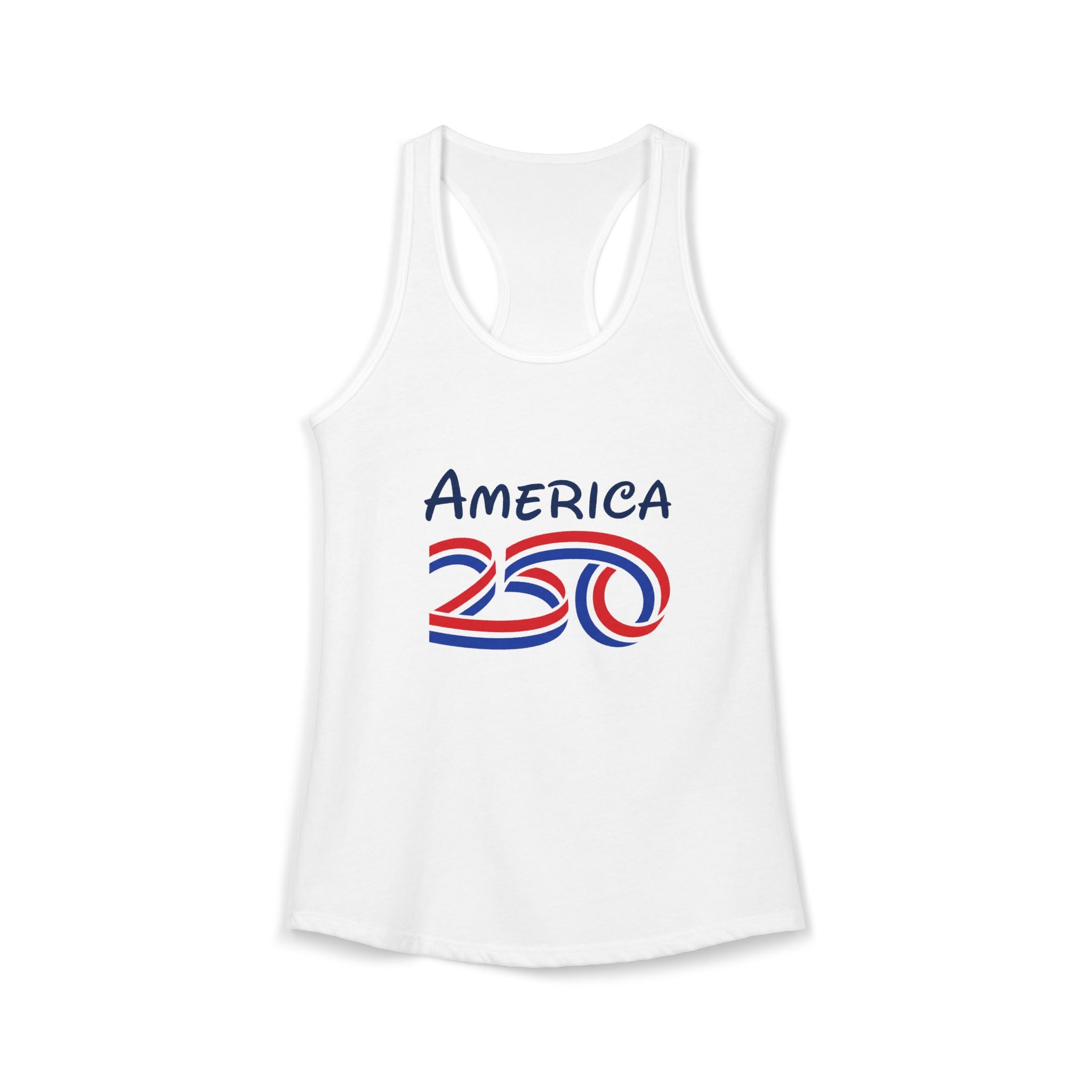 America 250 anniversary women's tank top in white with graphic design celebrating the anniversary.
