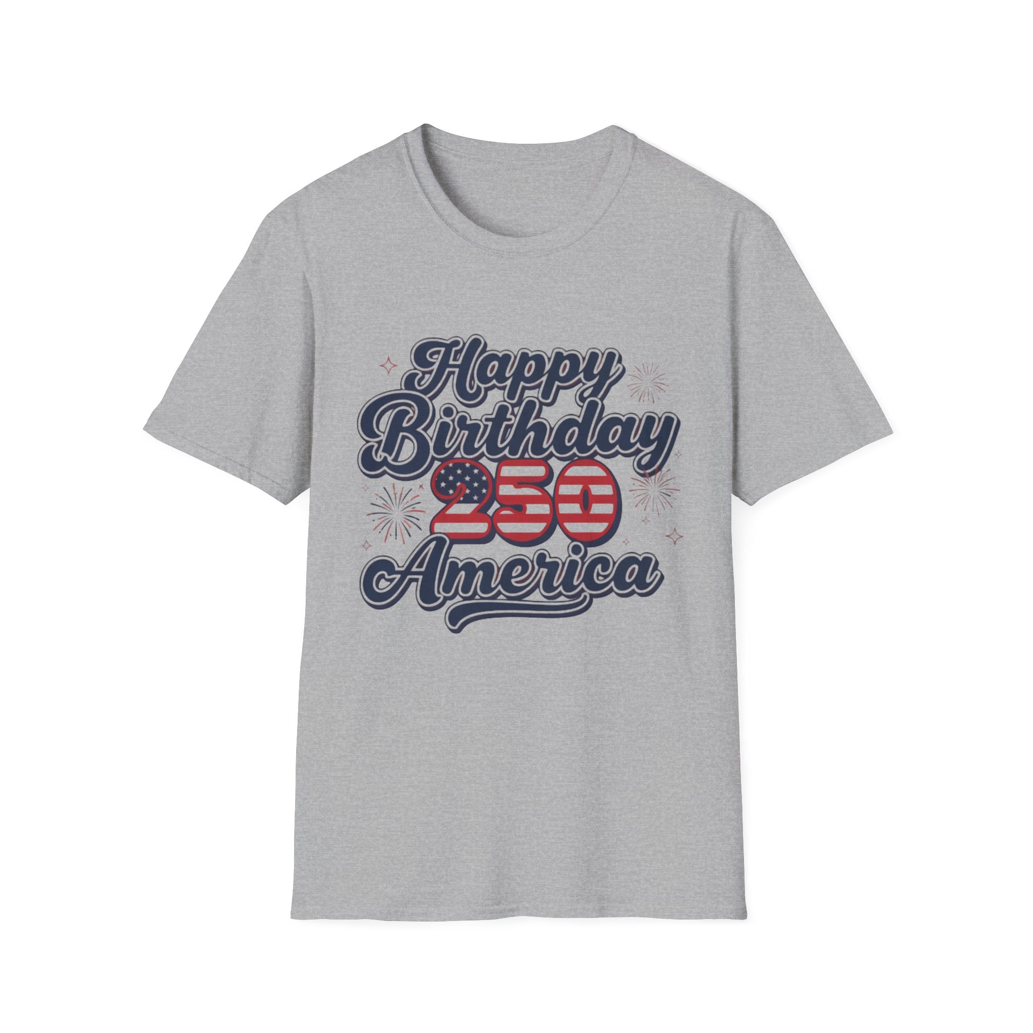 Happy Birthday America 250th Anniversary T-Shirt with vintage graphic design on grey fabric