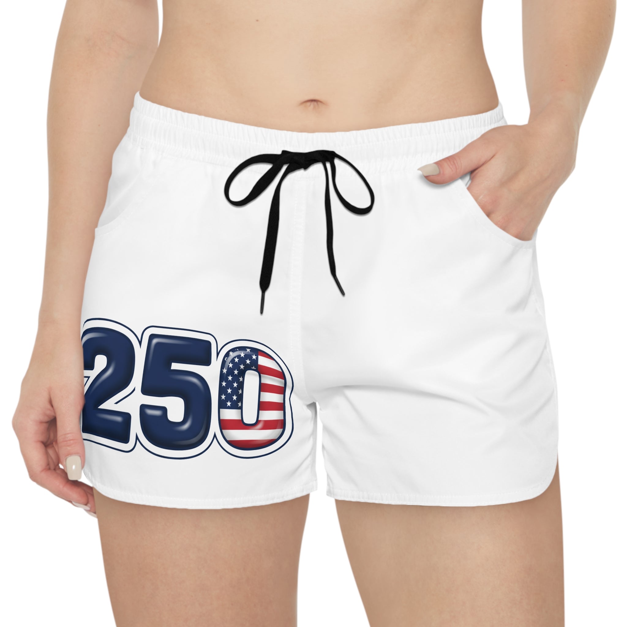 Patriotic 250 USA Anniversary Women's Casual Shorts with '250' graphic and drawstring waist
