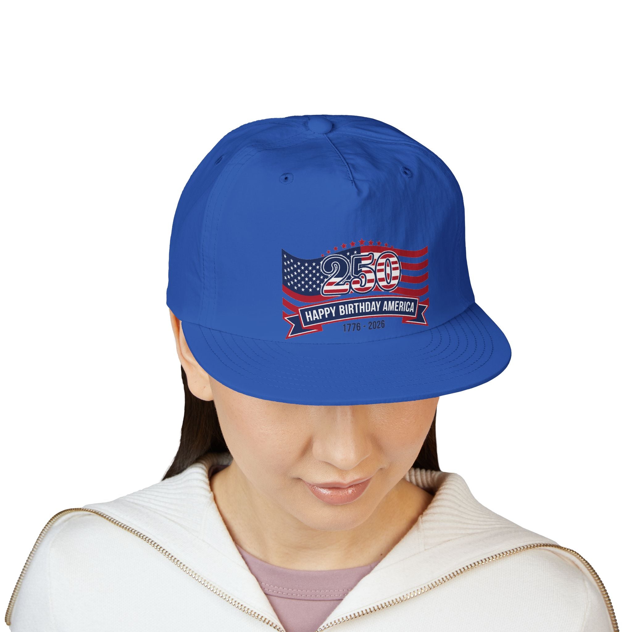 250th America Flag Cap featuring 'Happy Birthday America' design and vibrant colors.