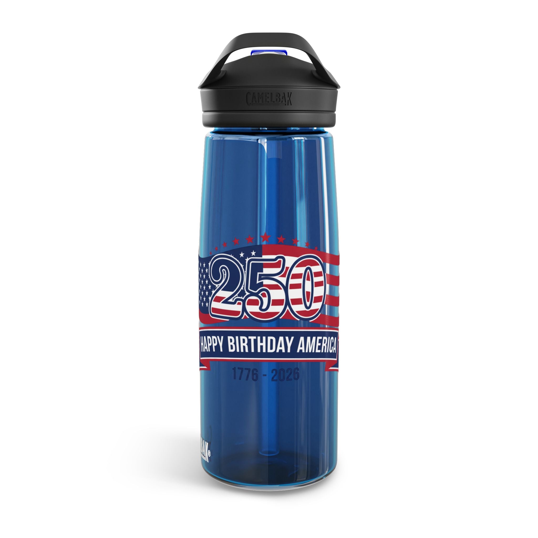 American Flag Water Bottle featuring '250 Happy Birthday America' design with blue background.