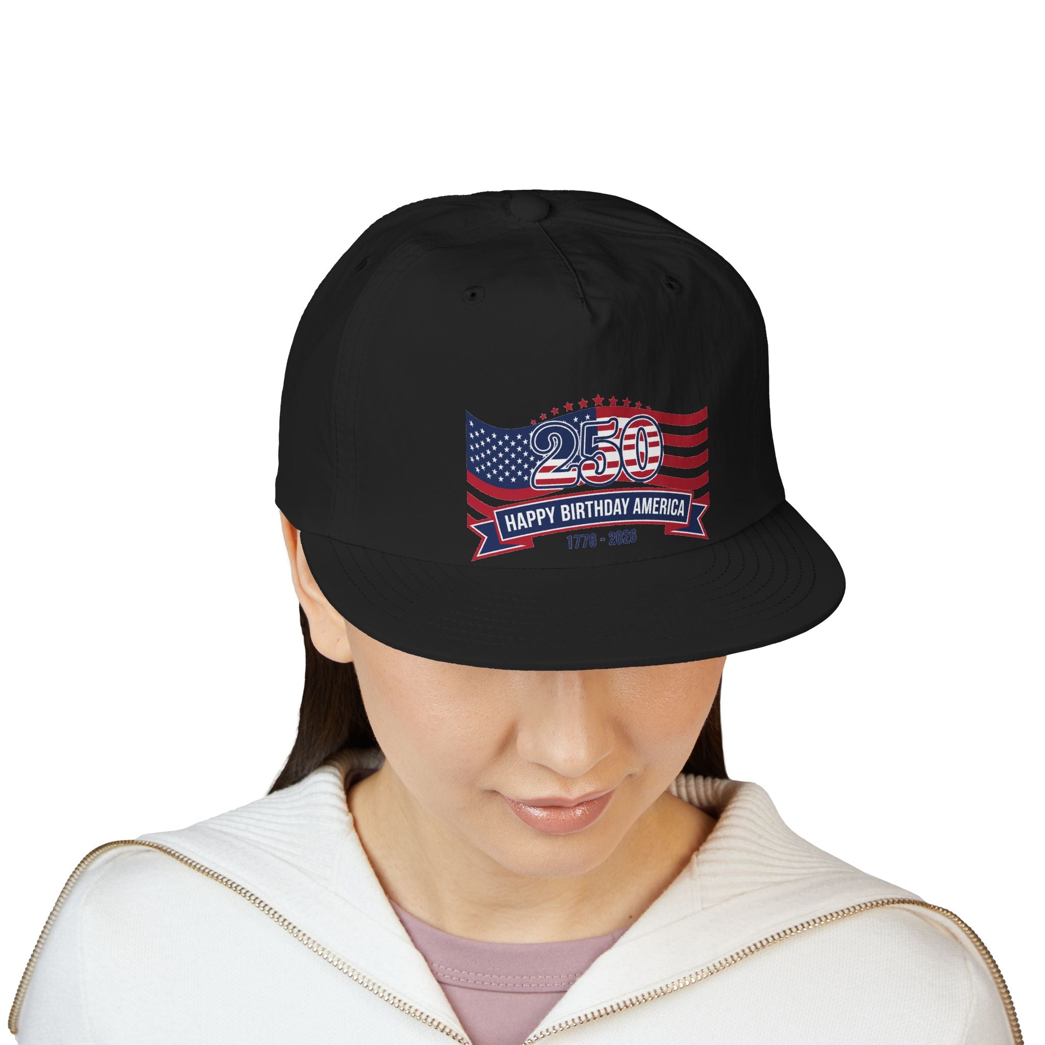 Woman wearing the 250th America Flag Cap — "Happy Birthday America" Patriotic Surf Style (1776–2026).
