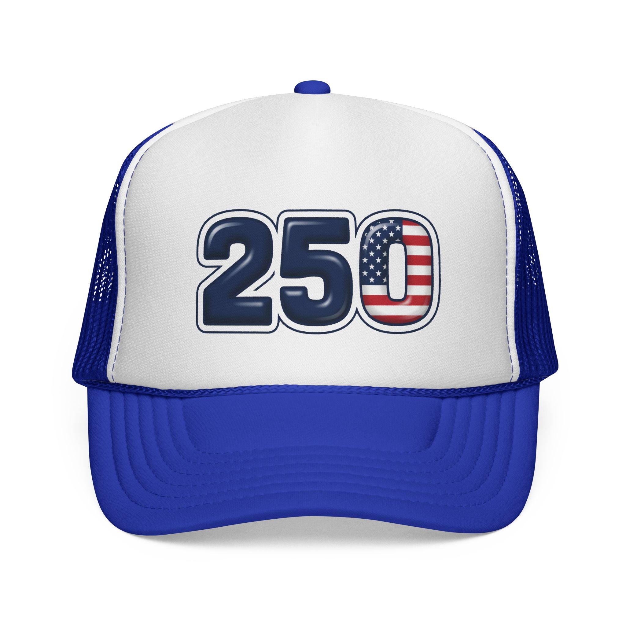 America's 250th Birthday Trucker Hat featuring a bold '250' graphic with stars and stripes design.