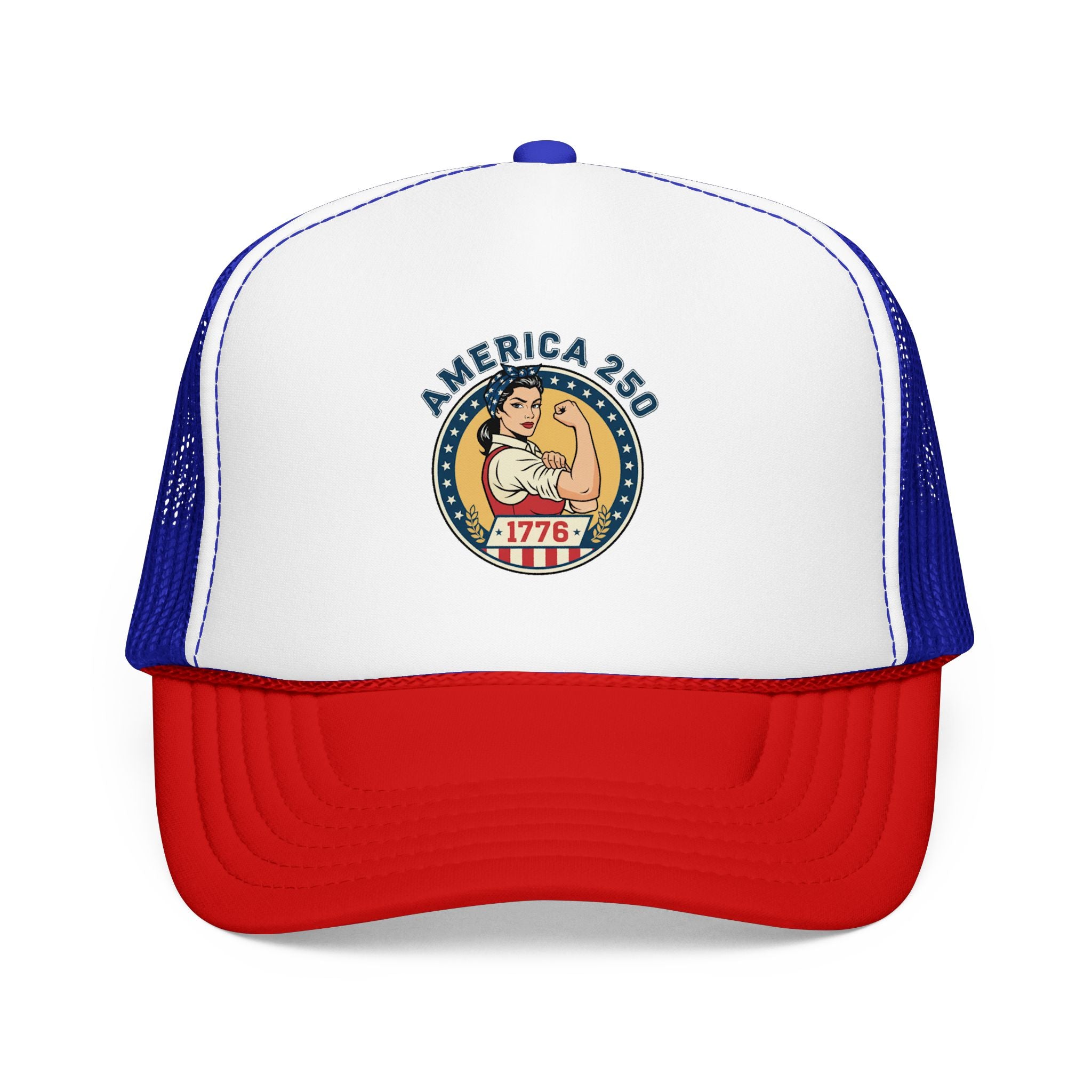 America 250 trucker hat featuring a vintage-style emblem and patriotic colors of red, white, and blue.