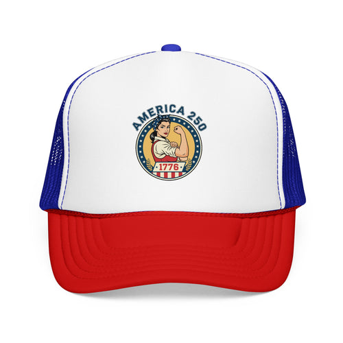 America 250 trucker hat featuring a vintage-style emblem and patriotic colors of red, white, and blue.
