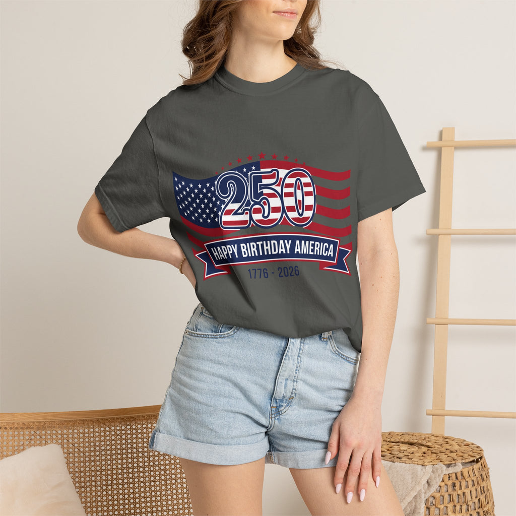 Red White and Blue shirt "250 Happy Birthday America 1776-2026" Patriotic Tee worn by a model, celebrating American pride.