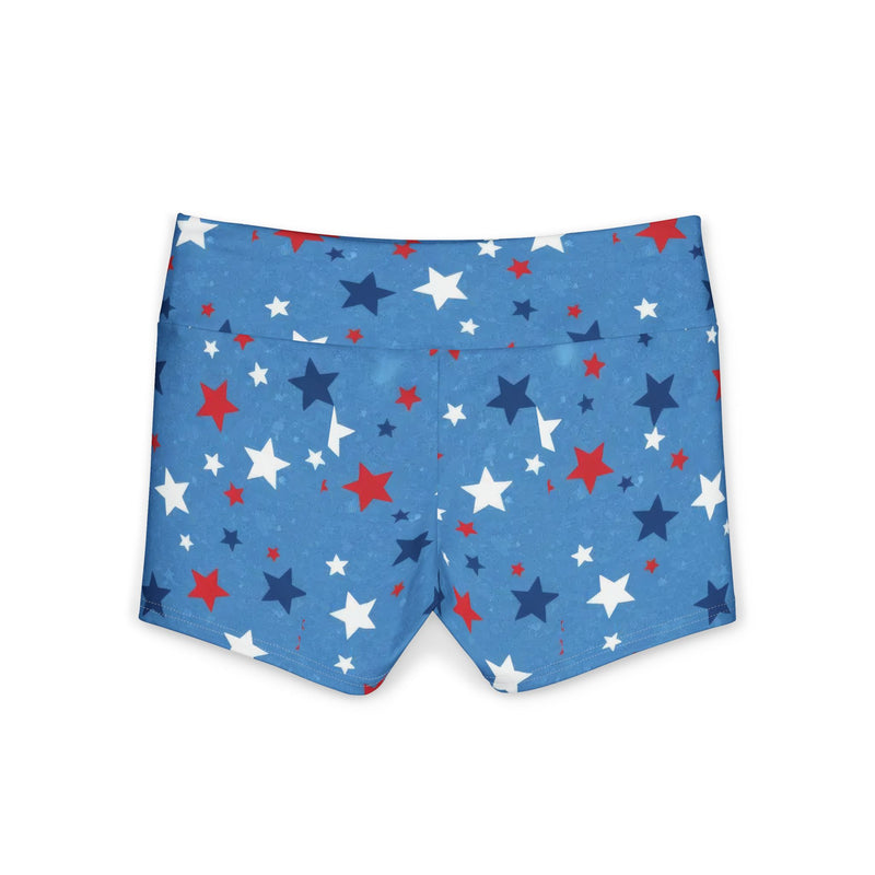Patriotic women's yoga shorts featuring a blue background adorned with red and white star motifs.