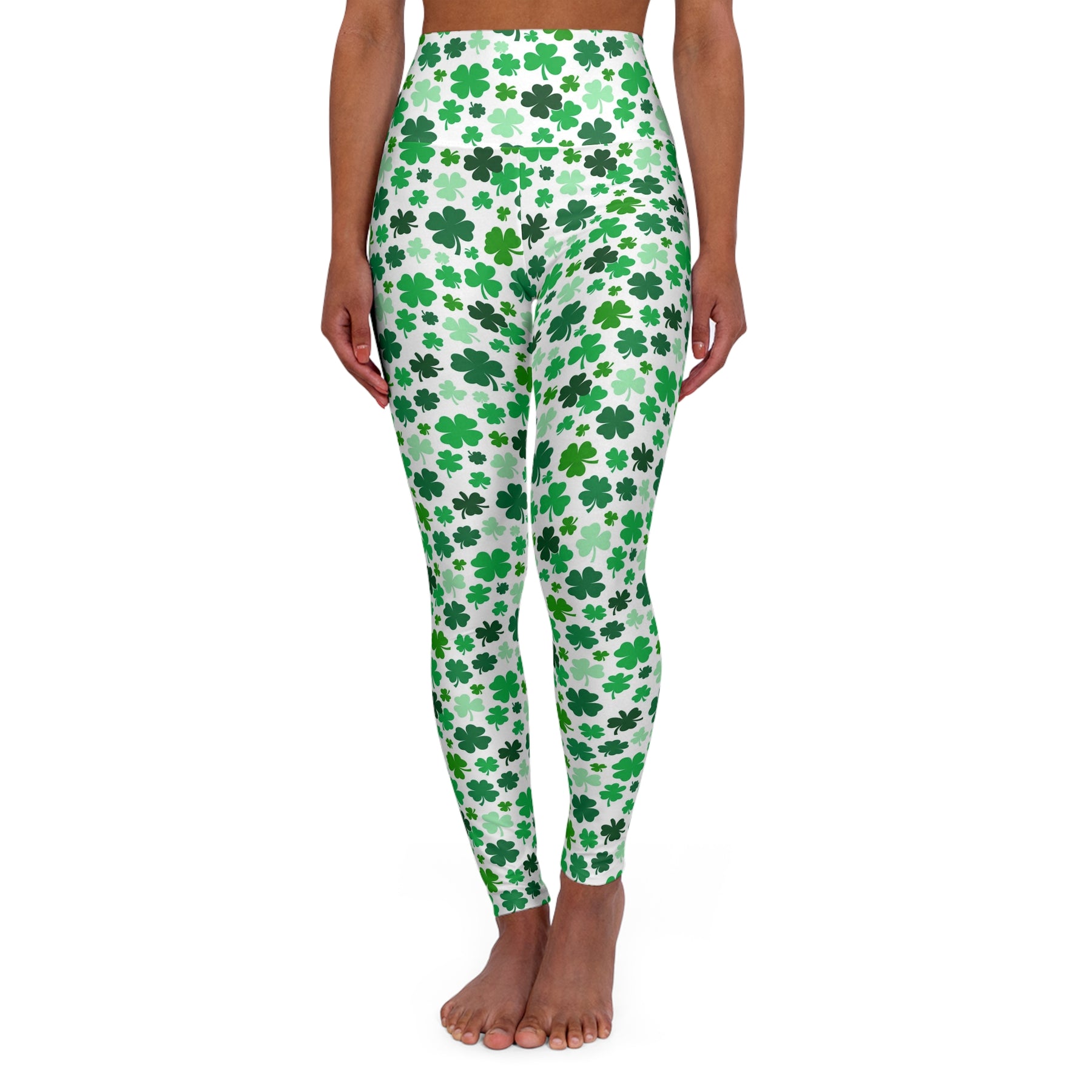 shamrock leggings for St. Patrick's Day featuring a vibrant green shamrock pattern on a fitted silhouette