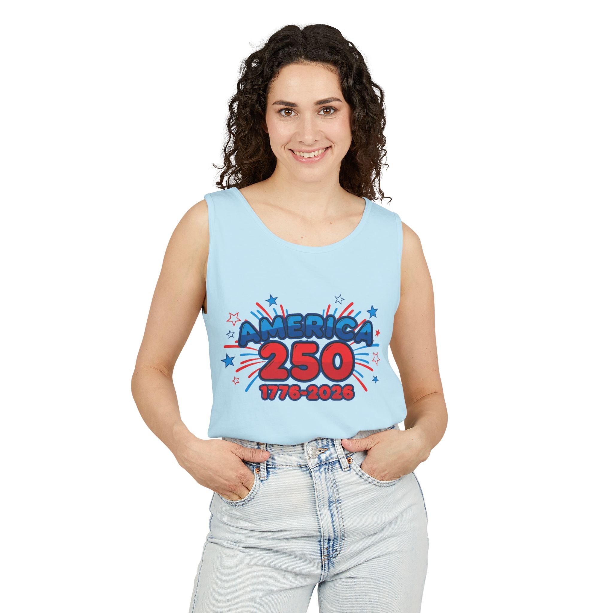 250th Anniversary Apparel — 1776–2026 Patriotic Tank Top on model showcasing festive design.