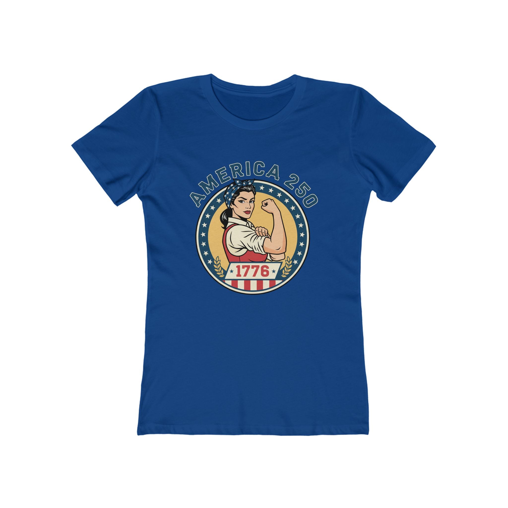 Patriotic women's boyfriend t-shirt featuring America 250 design and vintage Rosie figure in blue.
