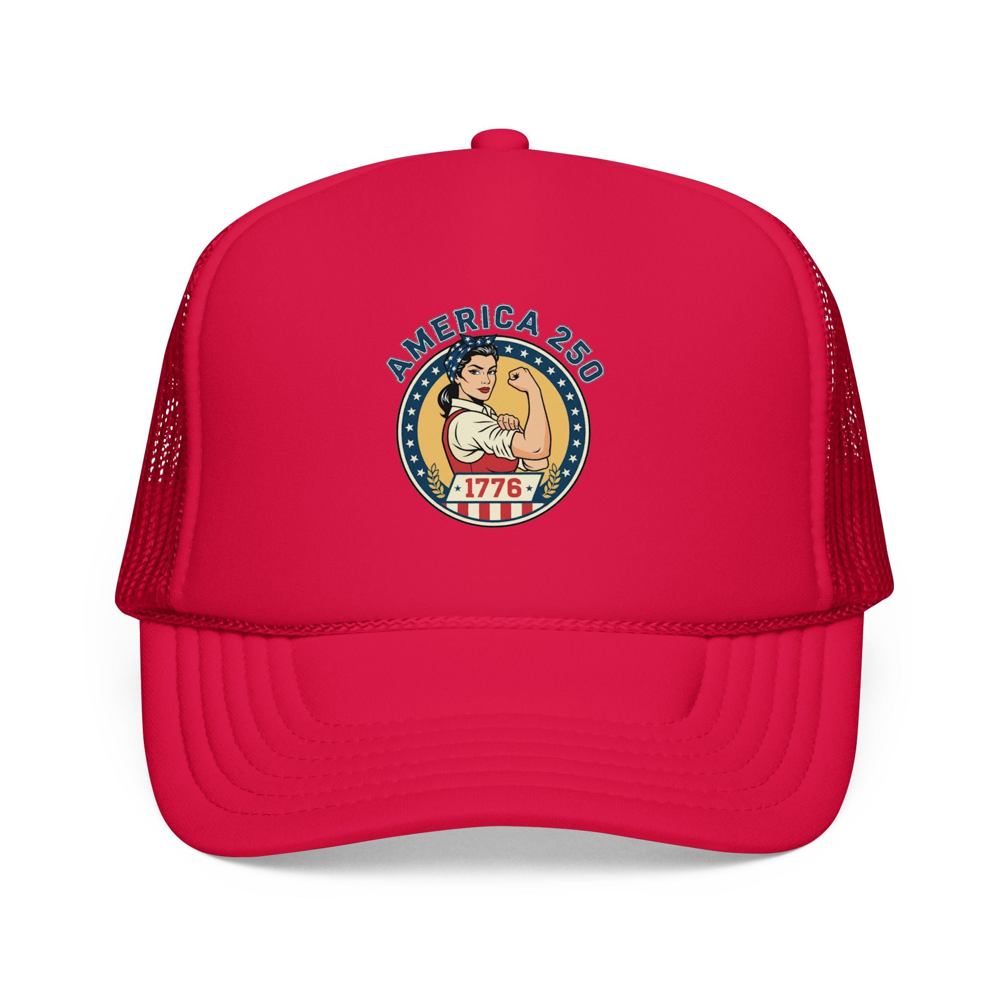 America 250 trucker hat with red front and blue mesh back featuring a vintage 1776 emblem.