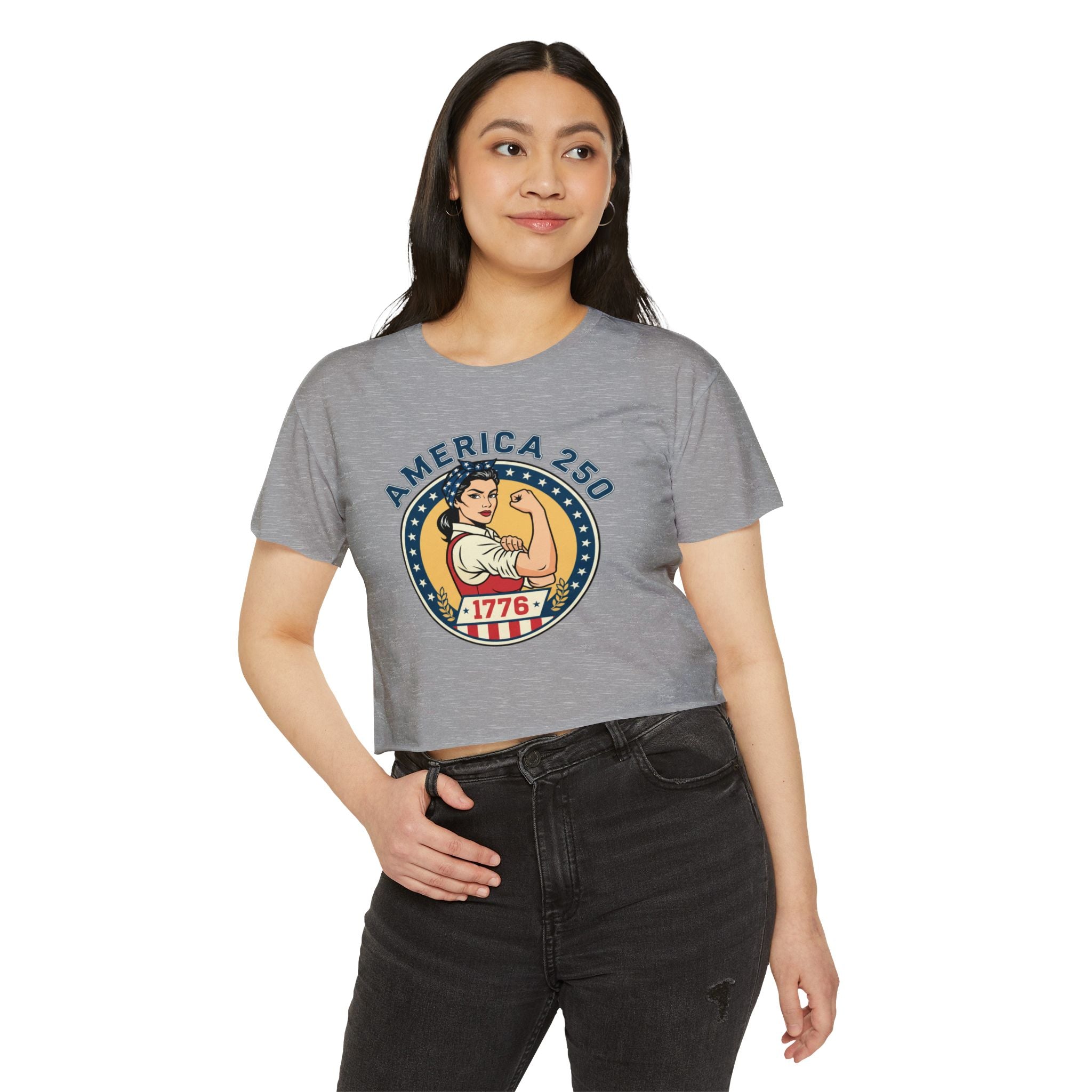 1776 Women's Clothing— 'America 250' Rosie-Inspired Patriotic Crop Top on a model, showcasing vintage style and casual vibe.