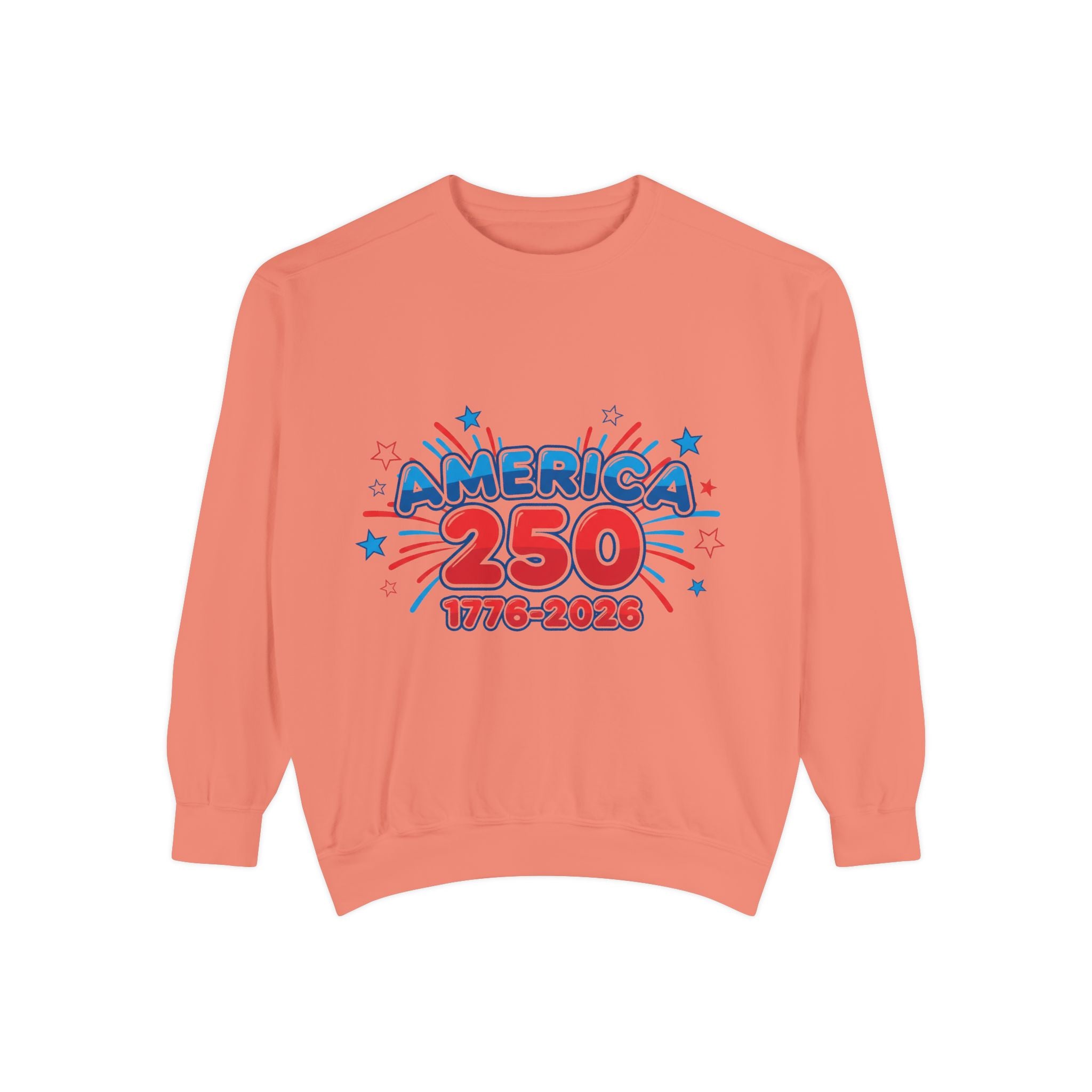 Red White and Blue Sweatshirt — America's 250th Celebration showcasing a vibrant design in coral.