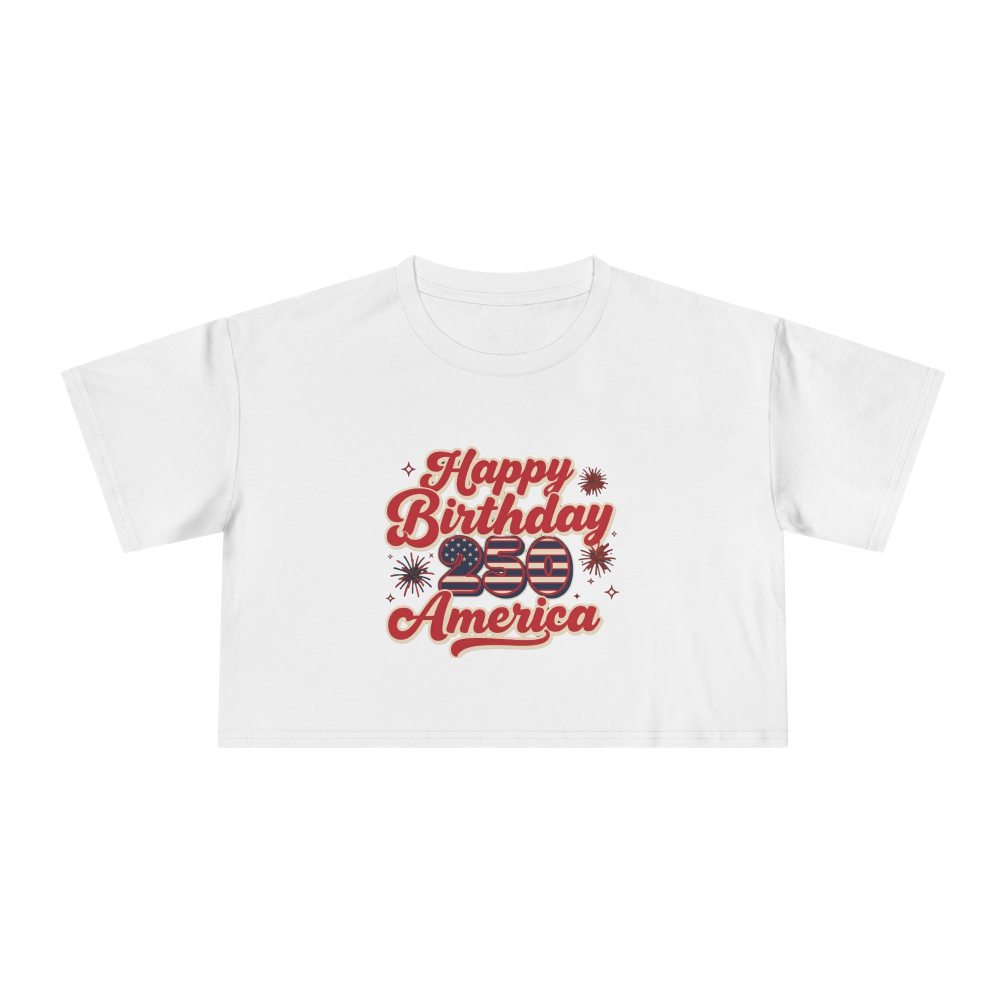 Happy 250th Birthday America Women's Crop Tee in white with vintage-inspired graphics and a playful design.