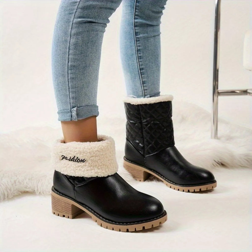 Stylish round toe block heels boots with a cozy cuff, perfect for fashion and comfort in winter wear.