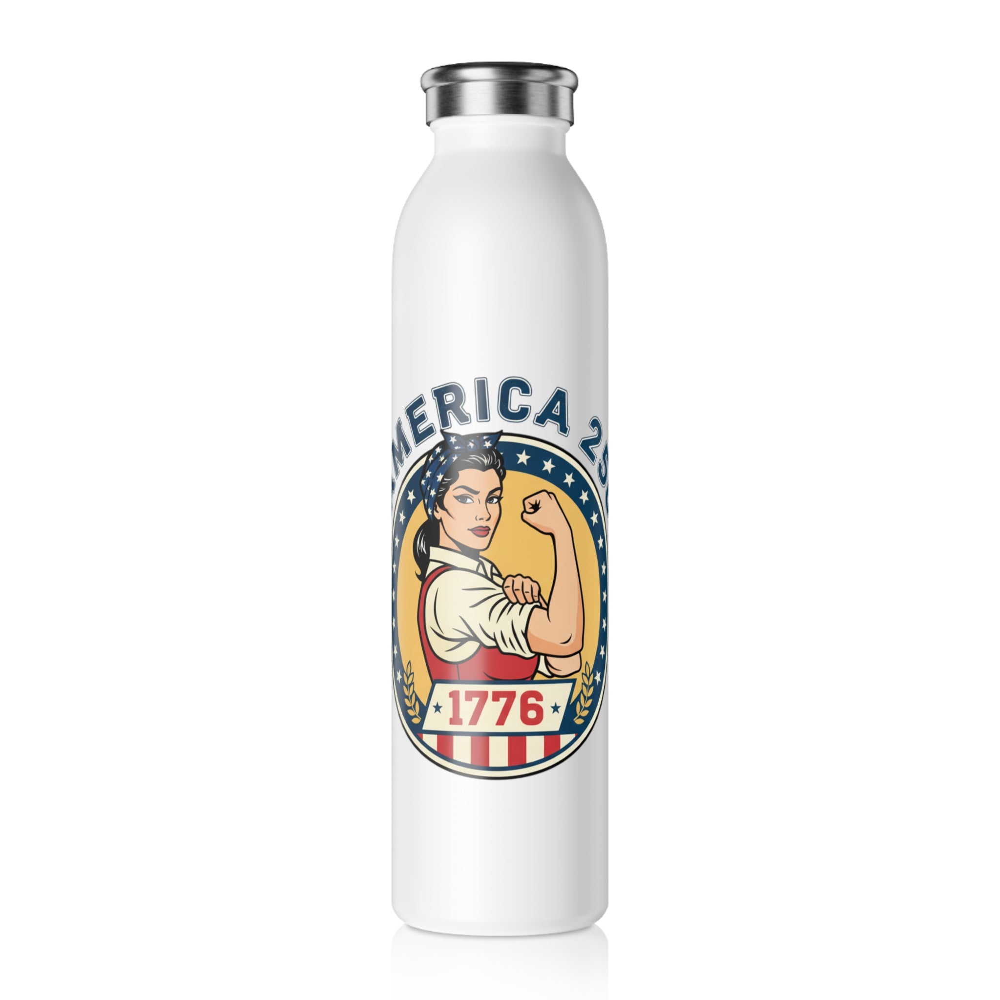 Red White Blue Water Bottle featuring Rosie the Riveter design, perfect for patriotic events and staying hydrated.
