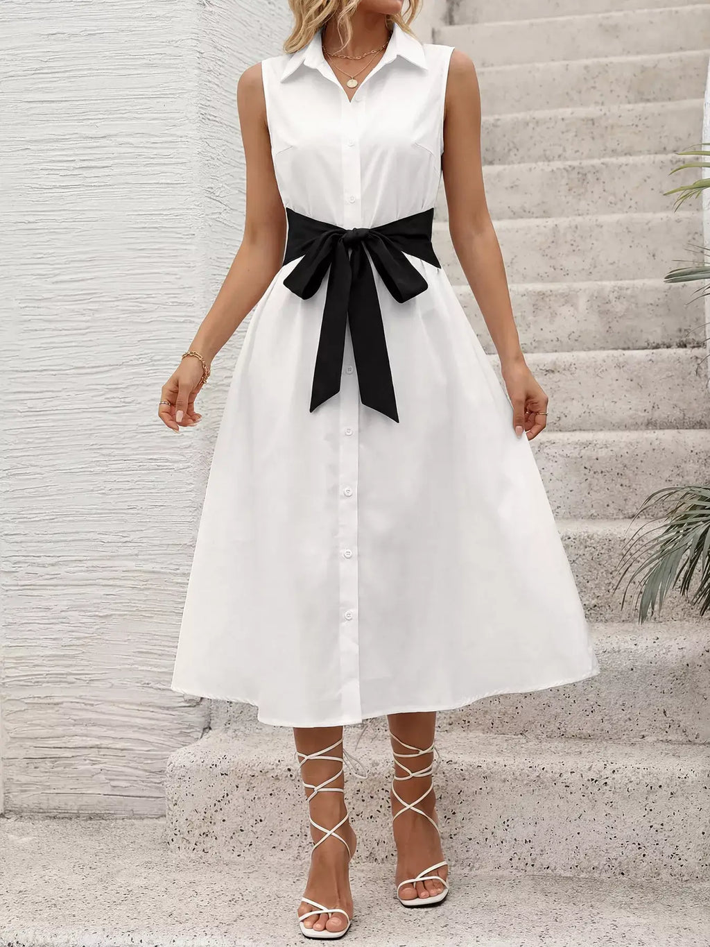 Ivory Sleeveless Shirt Dress with Bow Front View 4