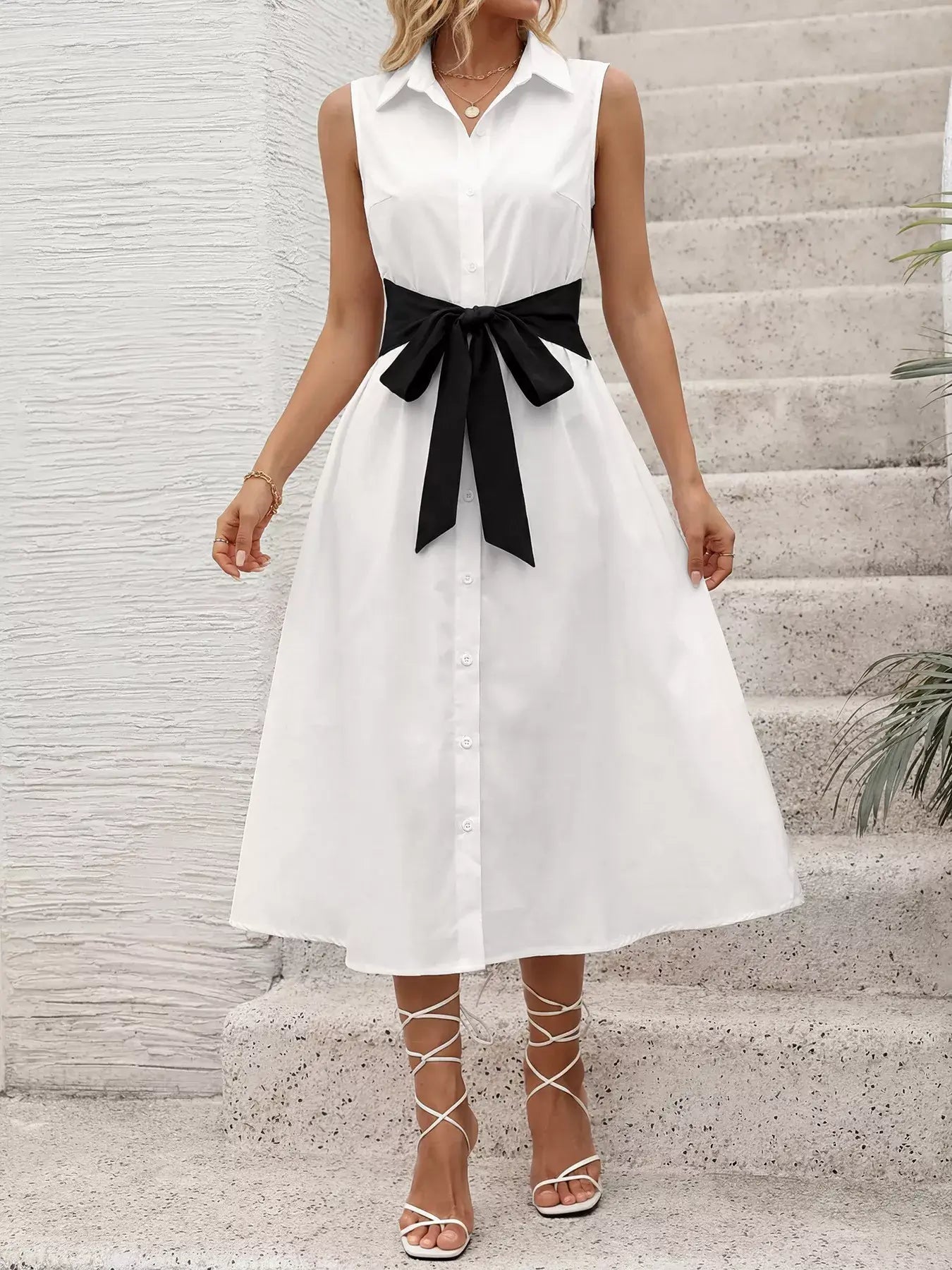 Ivory Sleeveless Shirt Dress with Bow Front View 4