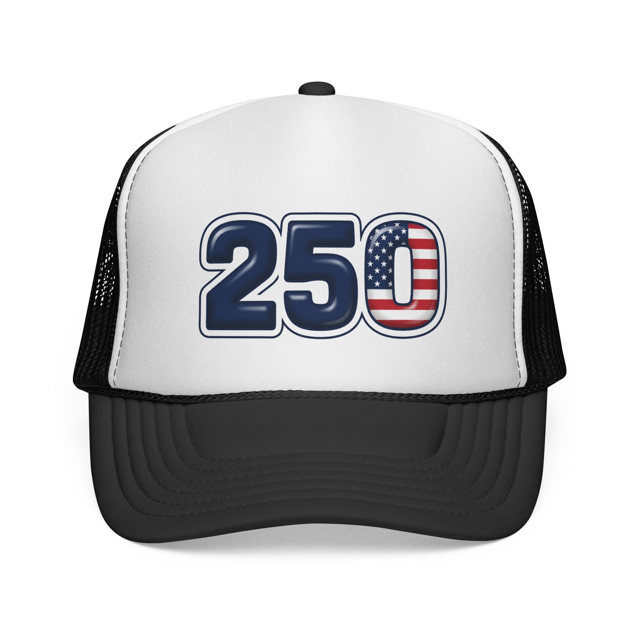 America's 250th Birthday Trucker Hat featuring a bold "250" graphic and stars-and-stripes design.