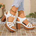Stylish open toe block heels sandals in white, featuring a chunky heel and strap design, perfect for summer outfits.