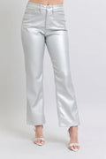 Plus size high waist faux leather pants featuring a bold silver color and trendy design, perfect for stylish outfits.