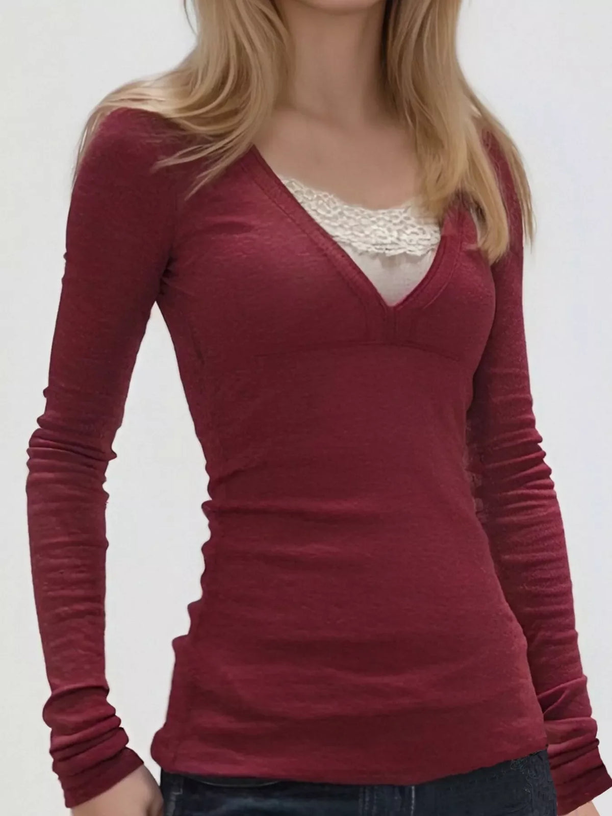 Long Sleeve T-Shirt with Lace Detail Front Deep Red Front View