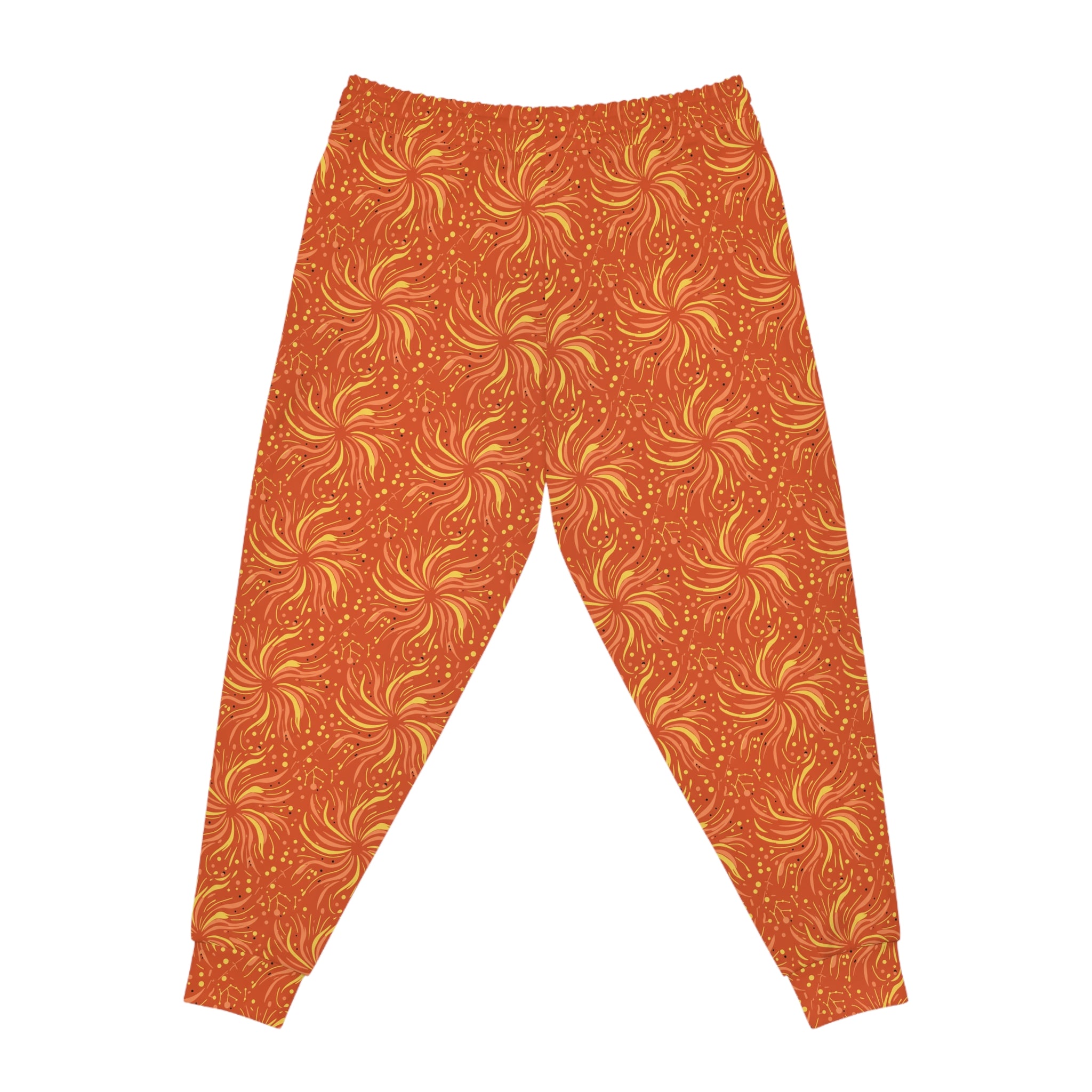 Sunset Shimmer Women's Joggers in vibrant sunset-orange with energetic sunburst design.