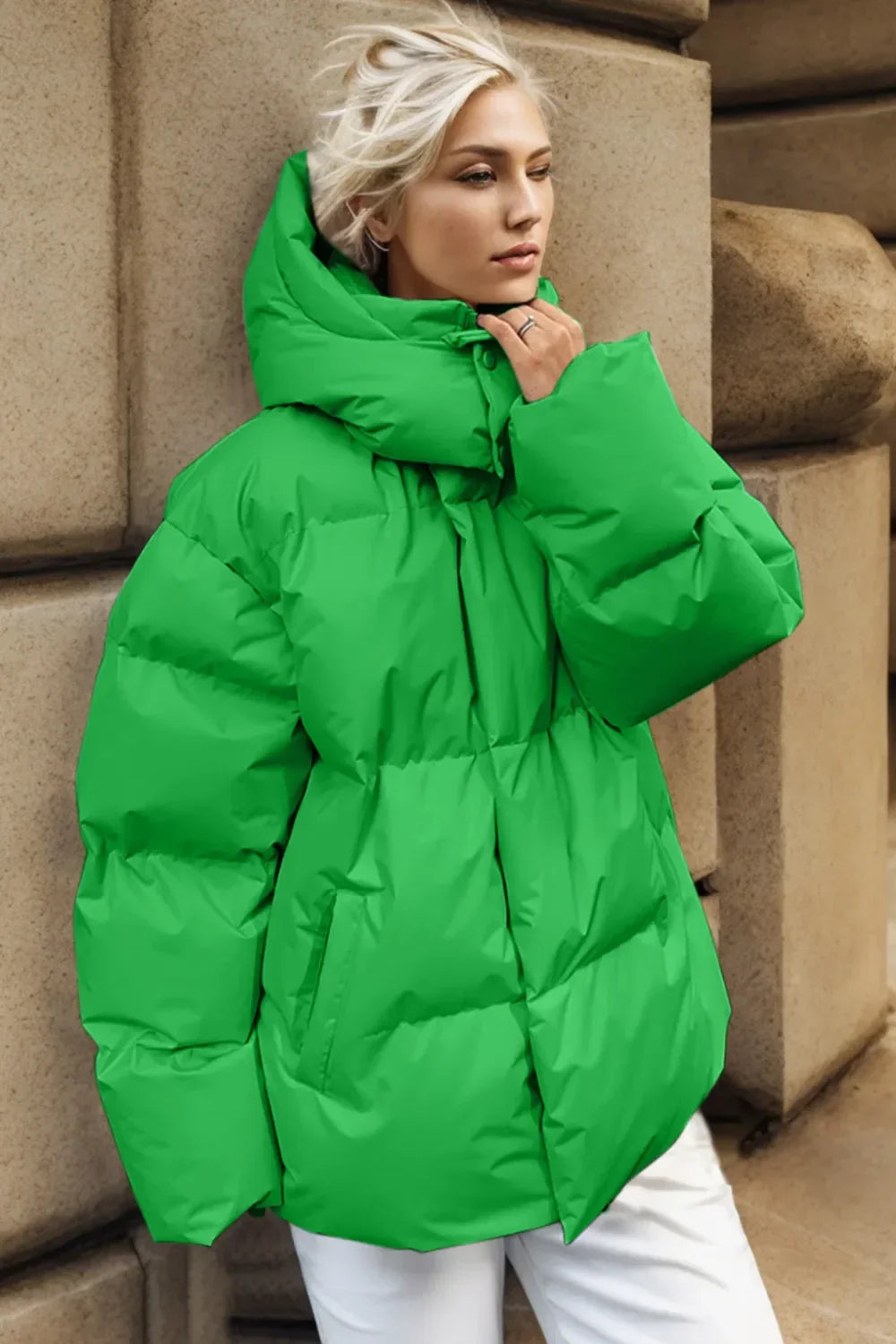 Pocketed Zip Up Hooded Puffer Jacket – Women’s Warm Winter Outerwear in vibrant green color, ideal for stylish winter comfort.