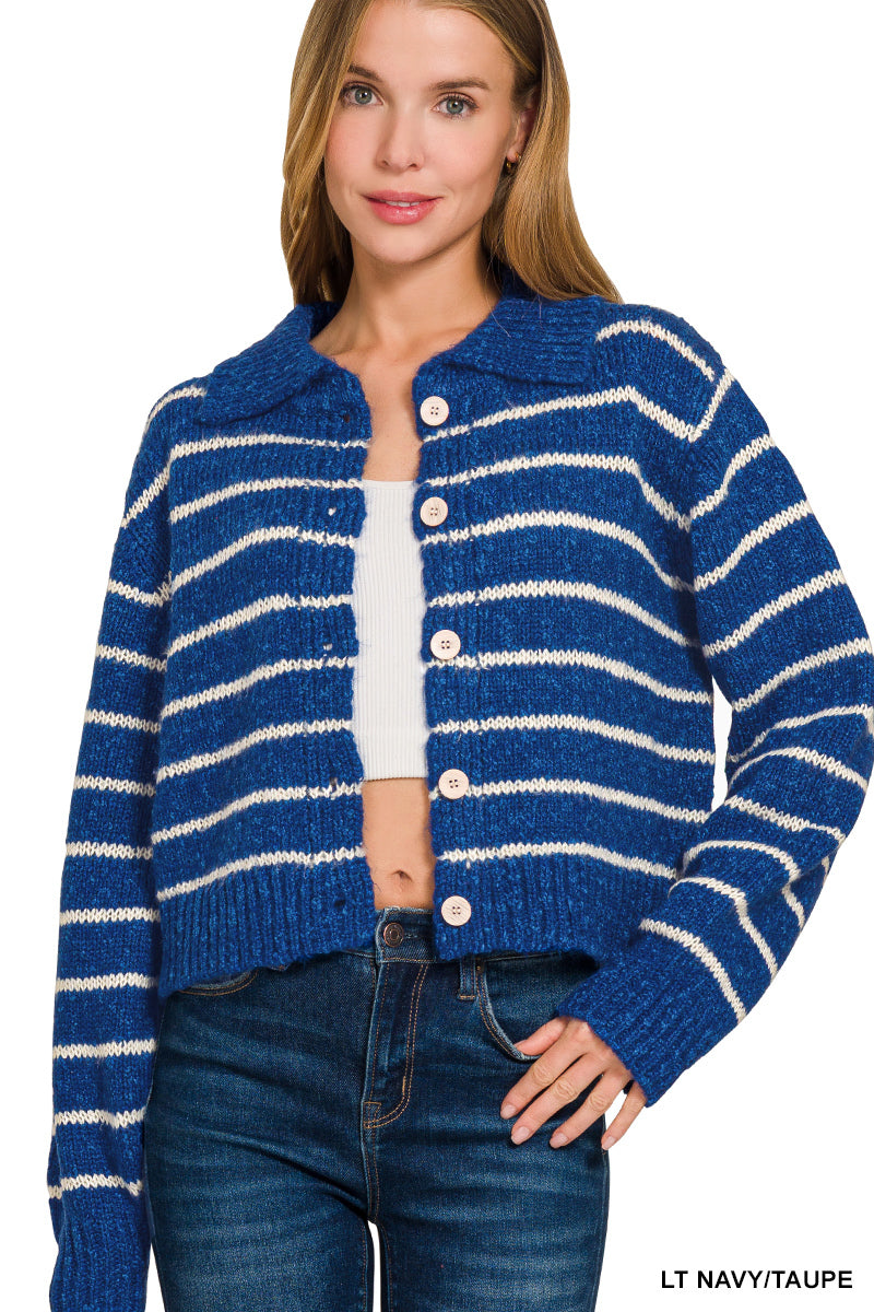 Blue and White Striped Collared Button Down Sweater Cardigan worn by a model with a stylish outfit.