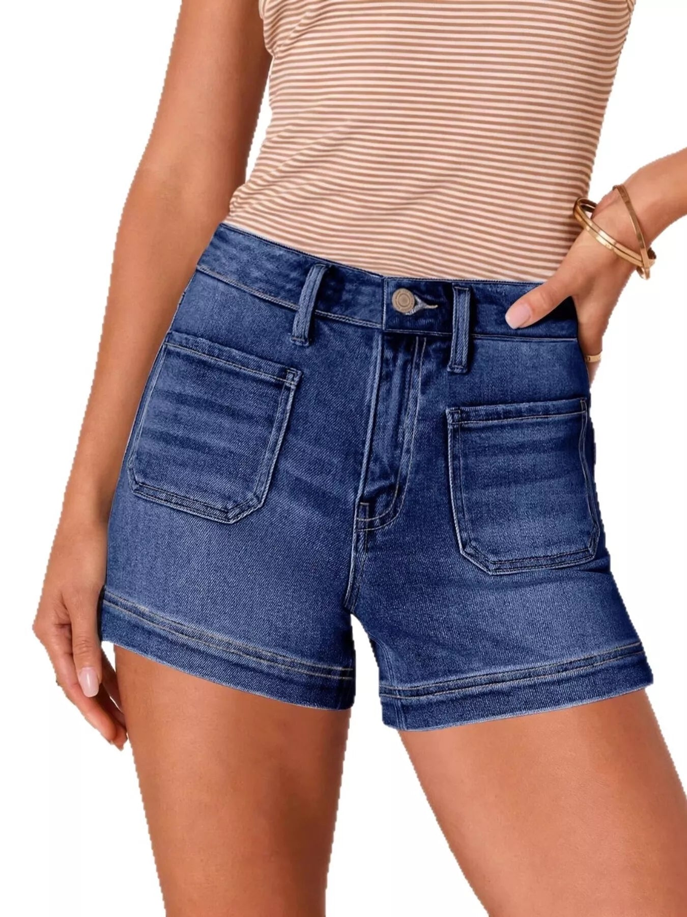 Trendy denim shorts high-waisted with pockets and slight stretch, perfect for casual summer outfits.